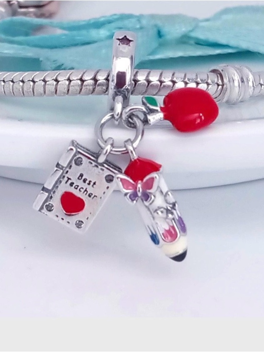 S925 Sterling Silver Teacher Charm Bracelet Pendant with Red Apple and Book